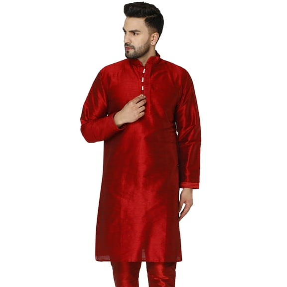 SKAVIJ Men's Indian Art Silk Long Top Casual Crew Neck Party Kurta (x-Large Red)