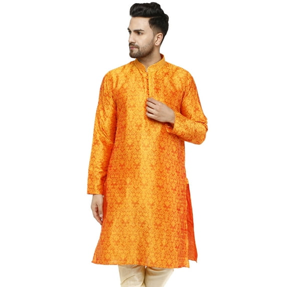 SKAVIJ Men's Indian Art Silk Top Casual Long Shirt Regular Fit Outfit (Medium, Gold)