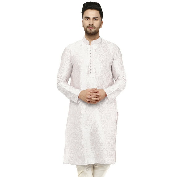 SKAVIJ Men's Indian Art Silk Top Casual Long Shirt Regular Fit Outfit (x-Large Off-White)