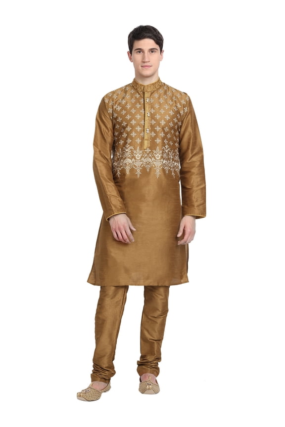 Men's Kurta Pajama 2-Piece Set Art Silk Embroidered Party Wear Suit Brown L