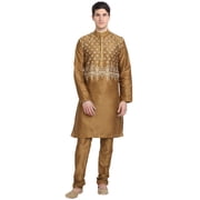 SKAVIJ Mens Kurta Pajama 2-Piece Set Art Silk Embroidered Party Wear Suit Brown L