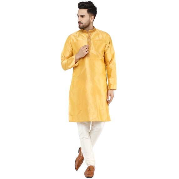 SKAVIJ Men's Kurta Pajama Set Embroidered Art Silk Party Dress Brown S
