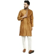SKAVIJ Mens Kurta Pajama Set Embroidered Art Silk Party Dress Brown S