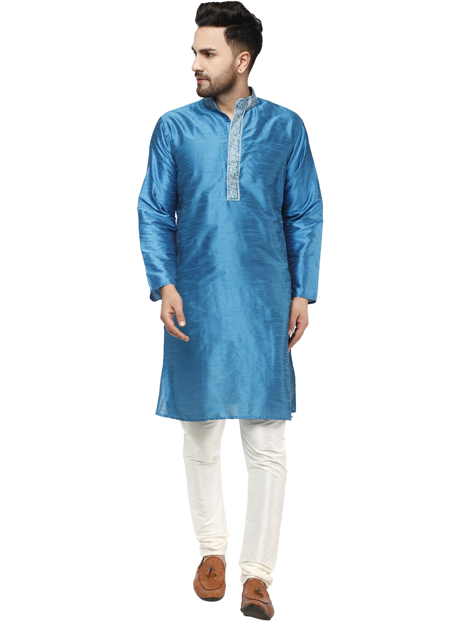 SKAVIJ Uomo Tunica Seta d'Arte Kurta Pigiama Set Bianco Sporco_M