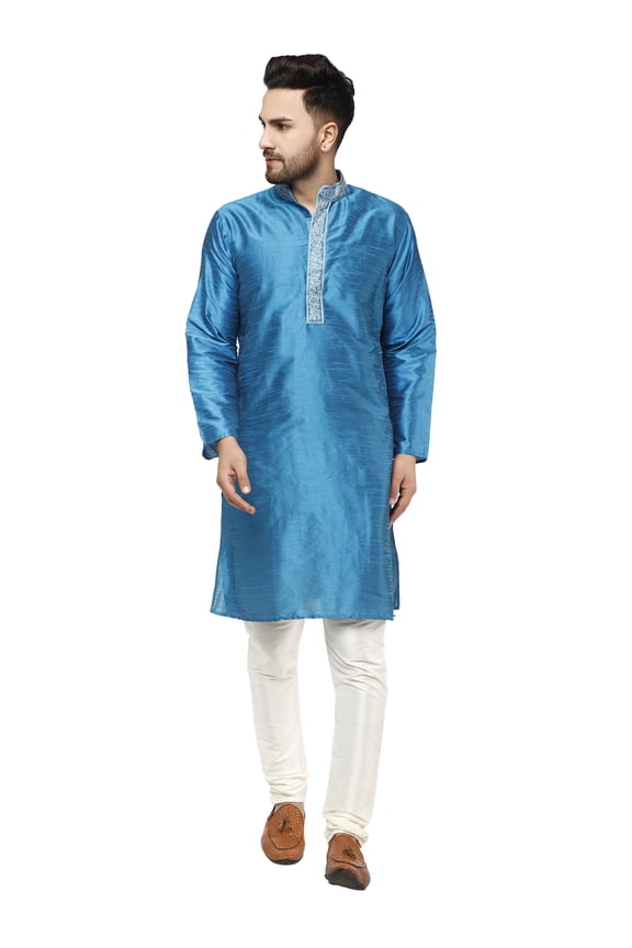 SKAVIJ Men's Kurta Pajama Set Embroidered Art Silk Party Dress Brown S