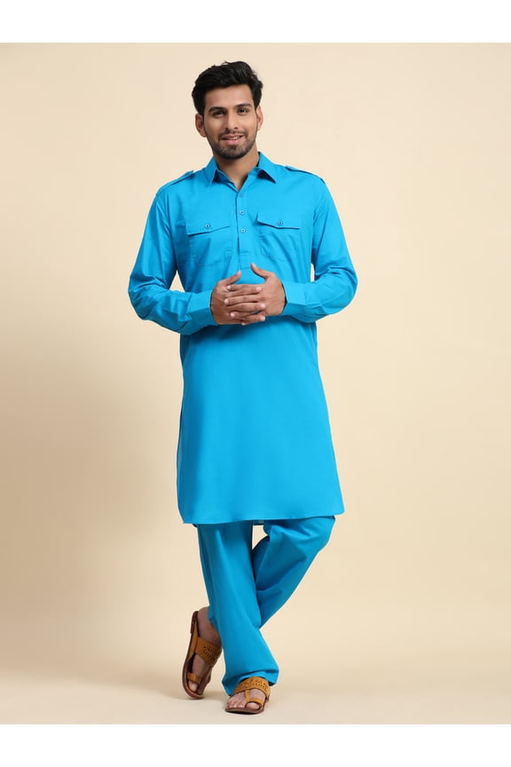 Men's Kurta Pajama Set Pathani Style Indian Casual Dress Turquoise S