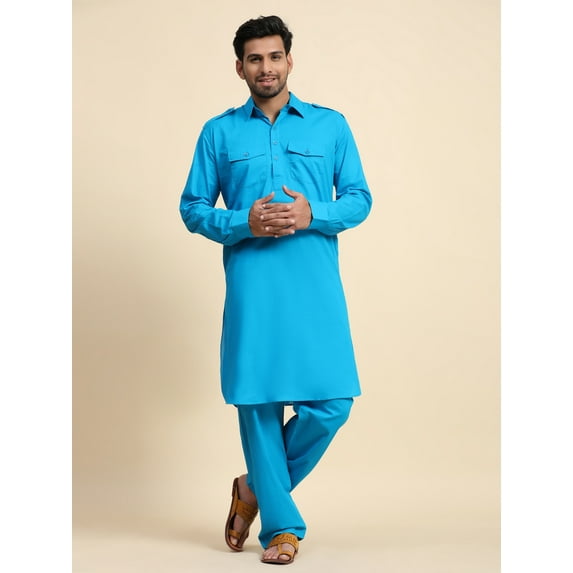SKAVIJ Men's Kurta Pajama Set Pathani Style Indian Casual Dress Turquoise S