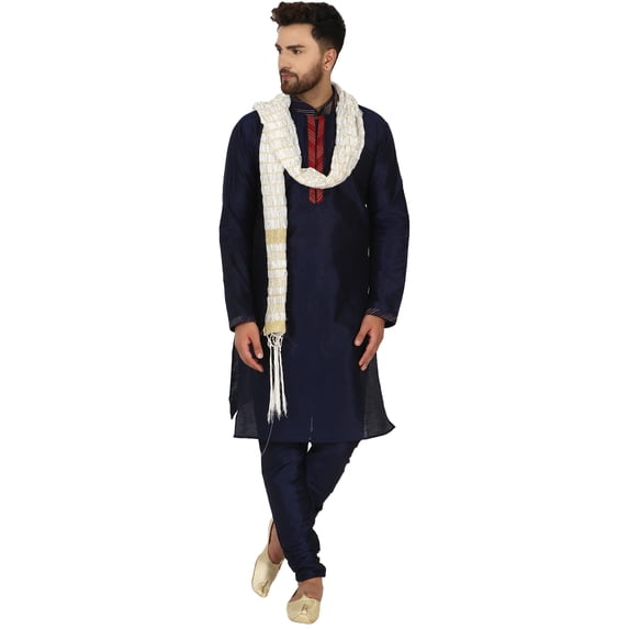 SKAVIJ Men's Kurta Pajama and Scarf 3-Piece Set Wedding Party Dress Blue L