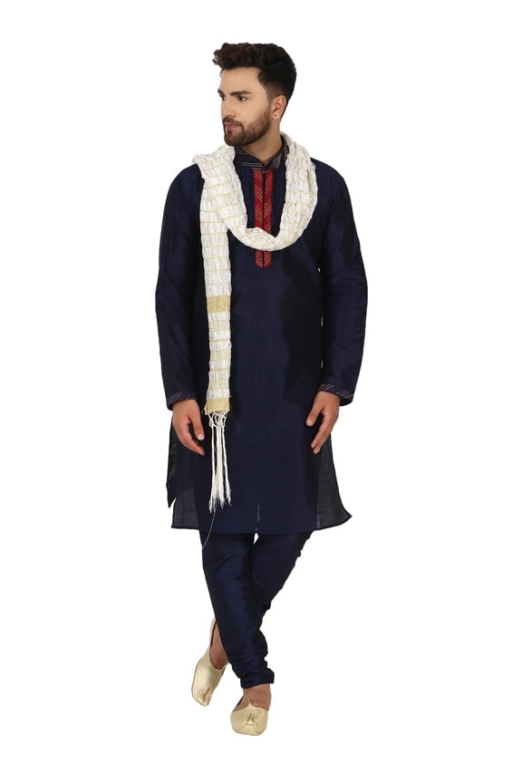 Men's Kurta Pajama and Scarf 3-Piece Set Wedding Party Dress Blue S
