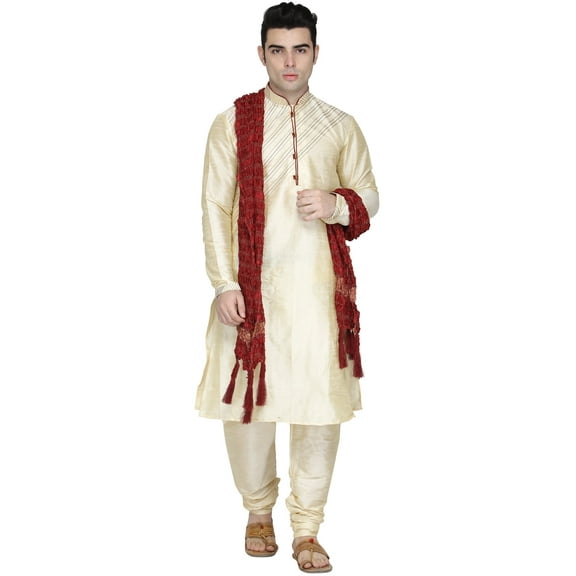 SKAVIJ Men's Kurta Pajama and Scarf Set Art Silk Indian Ethnic Dress Beige L