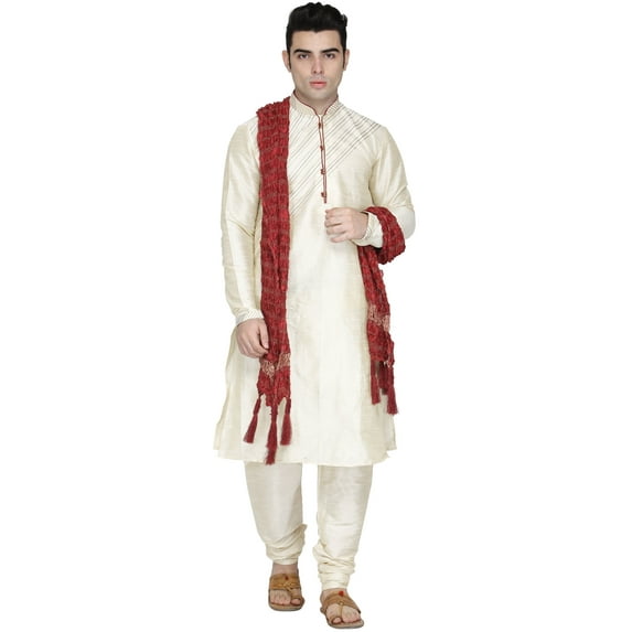 SKAVIJ Men's Kurta Pajama and Scarf Set Art Silk Indian Ethnic Dress OffWhite XL