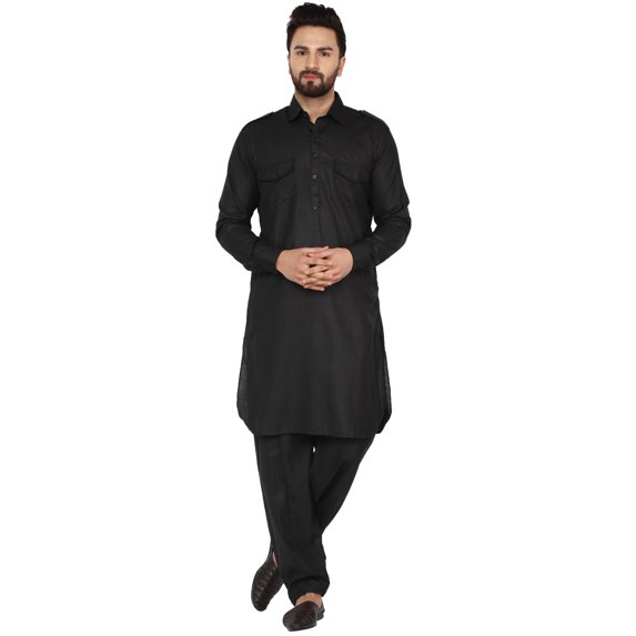SKAVIJ Men's Pathani Kurta Pajama Set Indian Ethnic Casual Party Dress Black XL