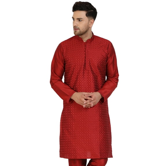 SKAVIJ Men's Tunic Art Silk Kurta Ethnic Indian Long Casual Shirt Party Large Red