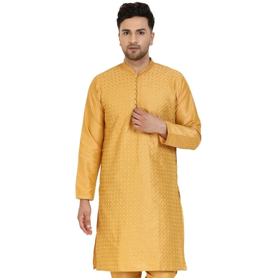 SKAVIJ Men's Tunic Art Silk Kurta Ethnic Indian Long Casual Shirt Party Medium Gold