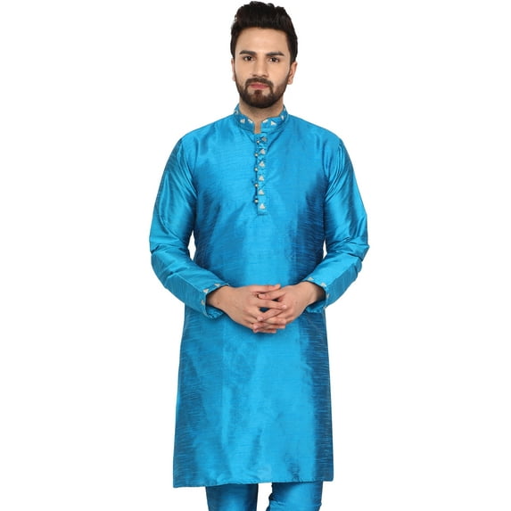 SKAVIJ Men's Tunic Art Silk Kurta Ethnic Indian Long Casual Shirt Party Medium Turquoise