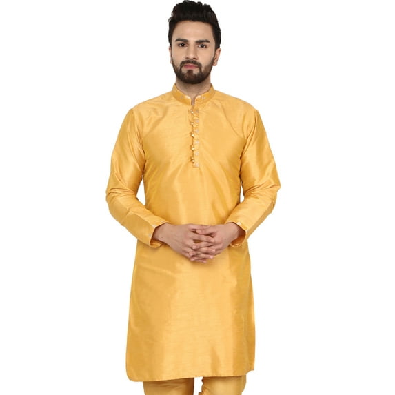 SKAVIJ Men's Tunic Art Silk Kurta Ethnic Indian Long Casual Shirt Party Small Gold