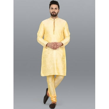 SKAVIJ Men's Tunic Art Silk Kurta Pajama Set Indian Party Dress Beige S