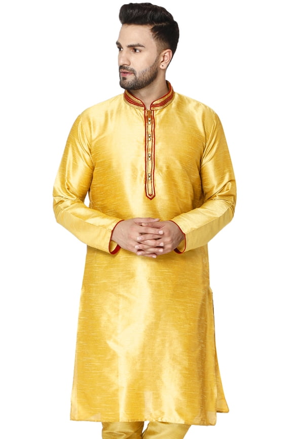 Men's Tunic Art Silk Long Shirt Embroidered Casual Crew Neck Kurta (Small, Gold)