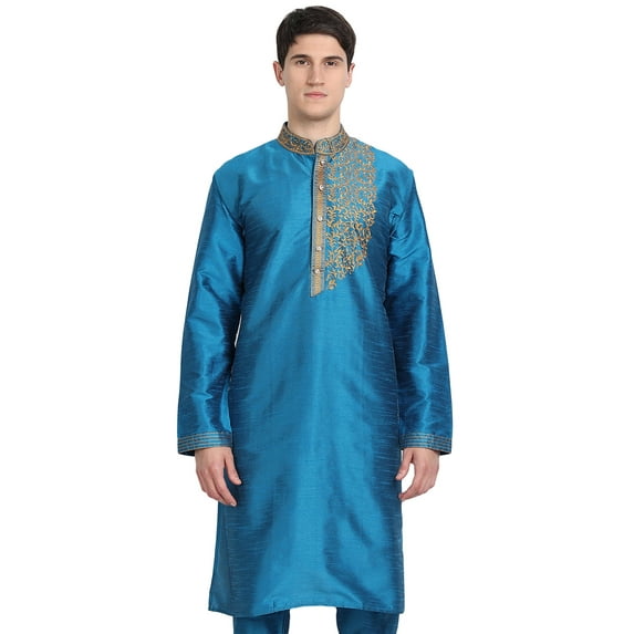 SKAVIJ Men's Tunic Art Silk Long Shirt Embroidered Casual Kurta Medium Turquoise