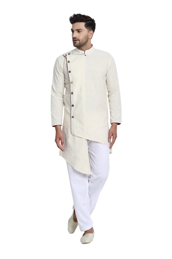 Men's Tunic Cotton Long Sleeve Longline Shirt with Pant 2 Pocket Ethnic Wedding Party Dress (Medium,Offwhite)