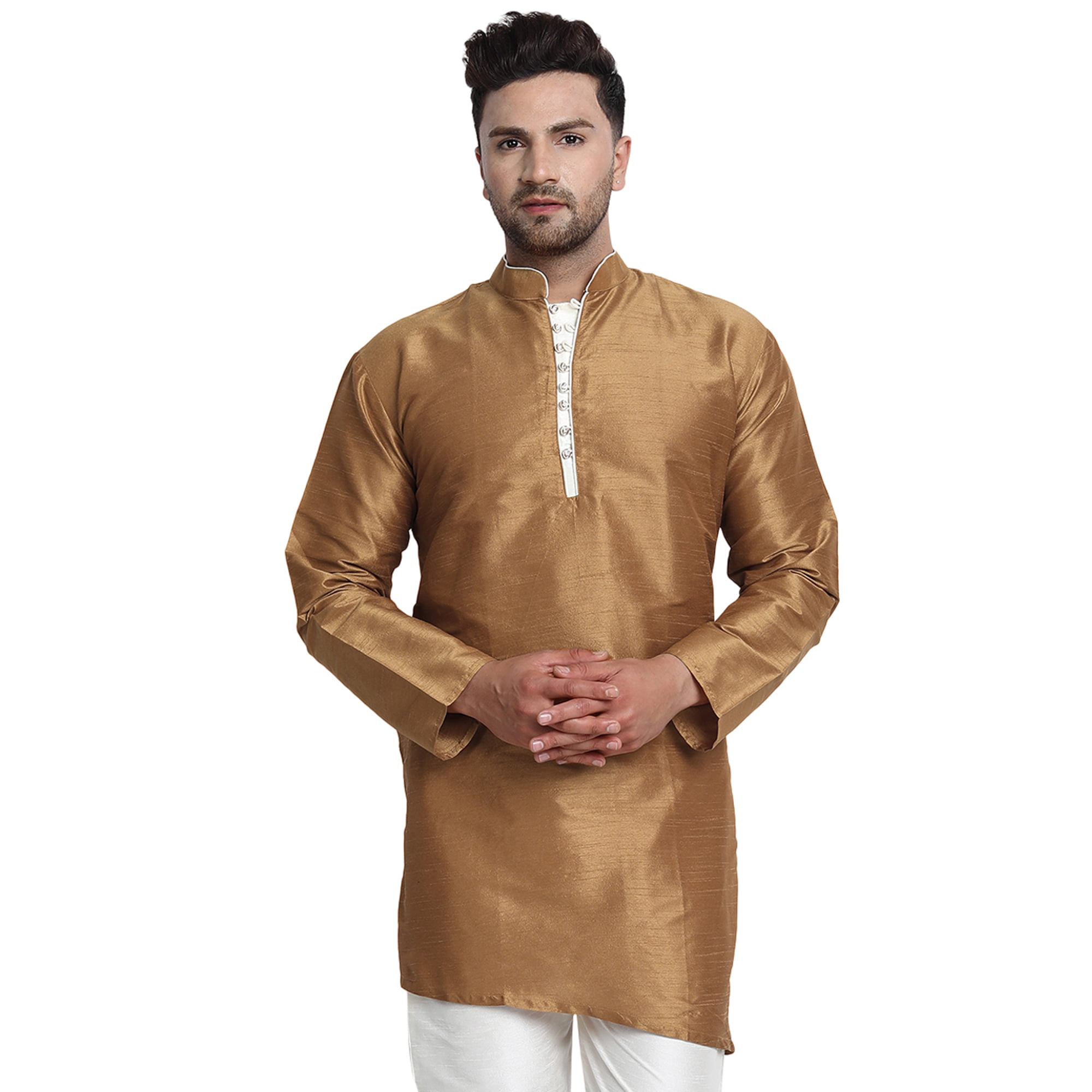 SKAVIJ Men's Tunic Top Art Silk Long Kurta Indian Wedding Casual Shirt  Small Brown