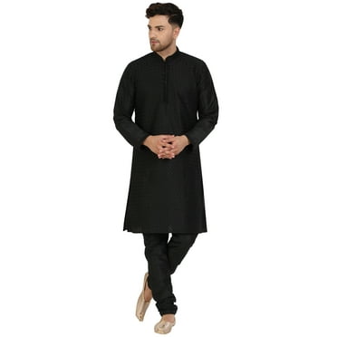 SKAVIJ Mens Art Silk Embroidered Kurta Pyjama Set Traditional Wear Black XL