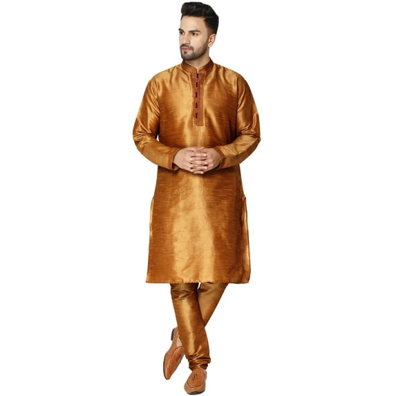SKAVIJ Mens Art Silk Embroidered Kurta Pyjama Set Traditional Wear Brown L