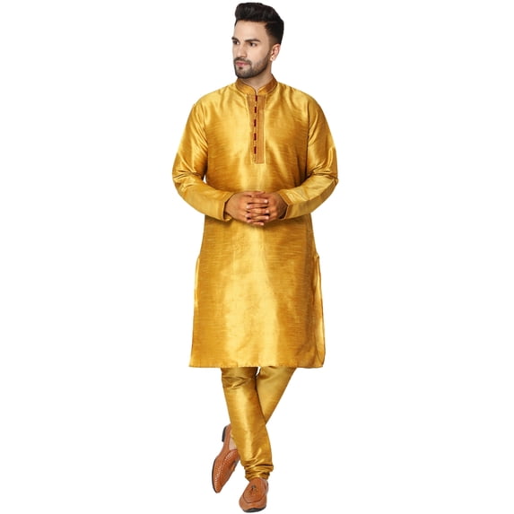 SKAVIJ Mens Art Silk Embroidered Kurta Pyjama Set Traditional Wear Gold S