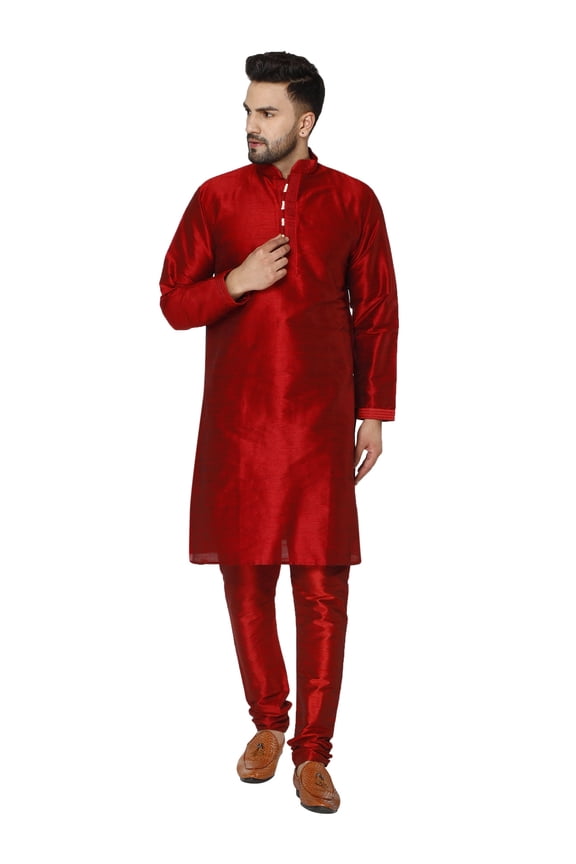 Mens Art Silk Embroidered Kurta Pyjama Set Traditional Wear Red M