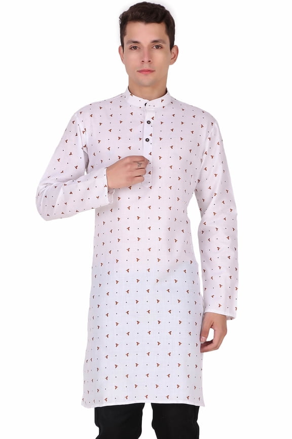 Mens Cotton Long Sleeve Tunic Printed Kurta (Brown, Large)