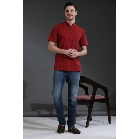 SKAVIJ Mens Longline Shirts Henley Short Sleeve Casual Cotton T-Shirt Regular-Fit Lightweight Beach Yoga Tunic Tops (X-Large,Red)