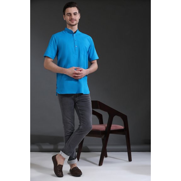 SKAVIJ Mens Longline Shirts Henley Short Sleeve Casual Cotton T-Shirt Regular-Fit Lightweight Beach Yoga Tunic Tops (X-Large,Turquoise)