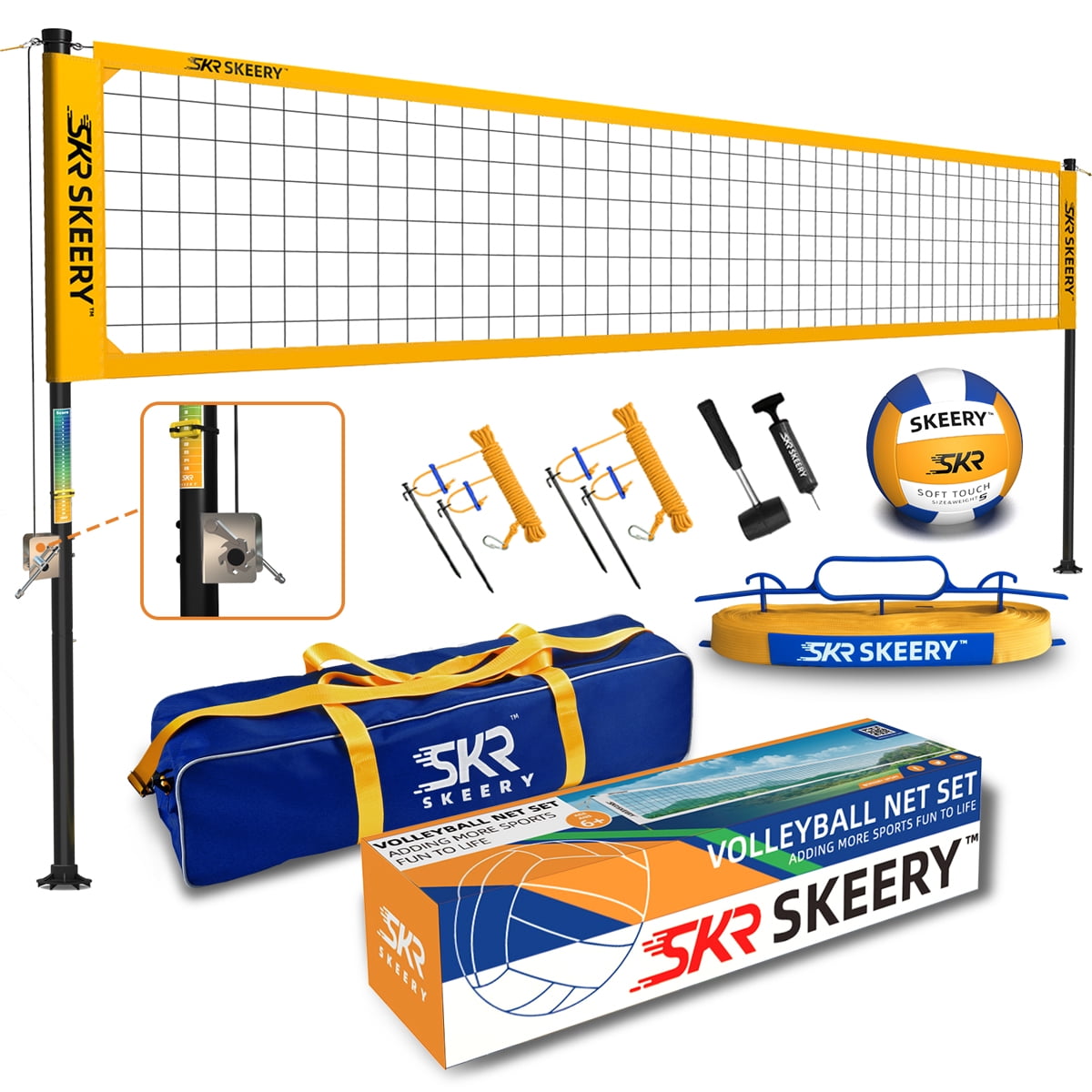 SKEERY Outdoor Heavy Duty Volleyball Net Set, Anti-Sag Design, Adjustable Aluminum Poles, Portable Volleyball Net for Backyard,Grass and Beach（Yellow)