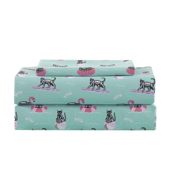 Summerween Soft Microfiber Sheet Set, Skeleton Cats, Twin-XL