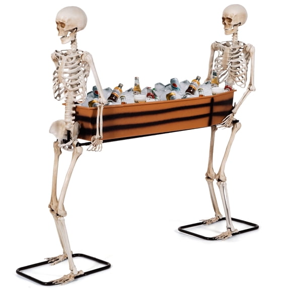 Areker Halloween Skeleton Decorations Outdoor,5ft LifeSize 2 Poseable Skeletons Carrying Coffin Cooler,Halloween Decor for Yard, Haunted House, Bar, Indoor & Outdoor Display