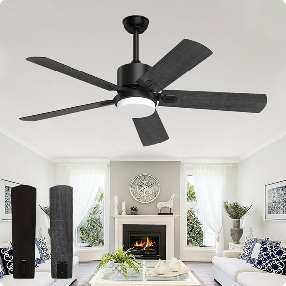 SKEVEN 52'' Ceiling Fan with Light and Remote Control, 6-Speed Reversible DC Motor, 5 Wood Fan Blades,Black