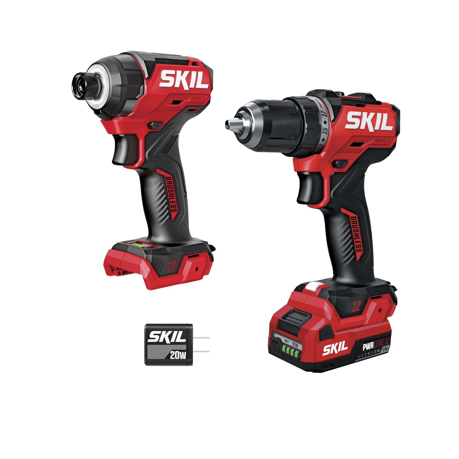 SKIL PWR CORE 12V Brushless 1/2 In. Compact Variable Speed Drill Driver & 1/4 In. Hex Compact 3-Speed Impact Driver Kit, Includes 2.0Ah Battery and 20W USB-C Charger - CB8429A-11