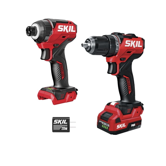 SKIL PWR CORE 12V Brushless 1/2 In. Compact Variable Speed Drill Driver & 1/4 In. Hex Compact 3-Speed Impact Driver Kit, Includes 2.0Ah Battery and 20W USB-C Charger - CB8429A-11