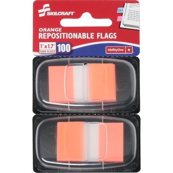 SKILCRAFT, NSN3152023, Repositionable Self-Stick Flags, 100/Pack, Orange