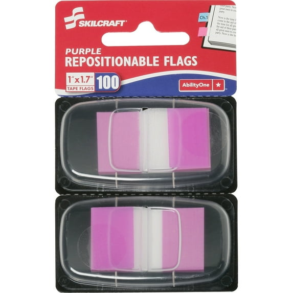 SKILCRAFT, NSN3158654, Repositionable Self-Stick Flags, 100 Per Pack, Purple