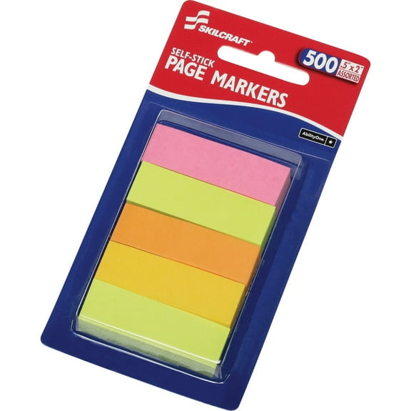 SKILCRAFT, NSN4214751, Self-Stick Page Markers, 500/Pack, Assorted Neon