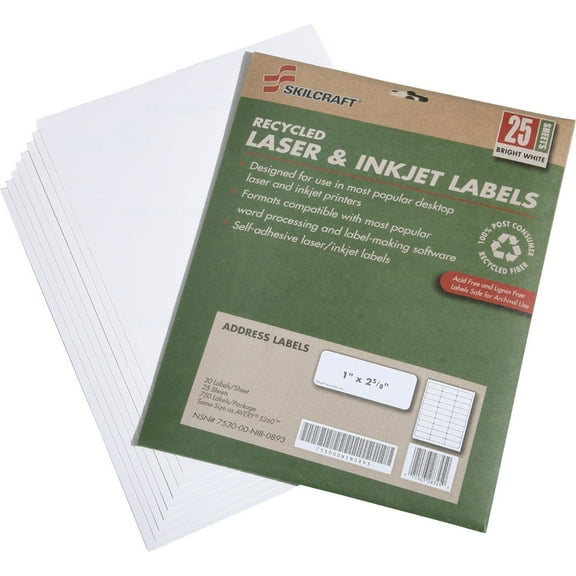 SKILCRAFT, NSN5789292, 30/Sheet Laser/Inkjet Address Labels, 750/Pack, White