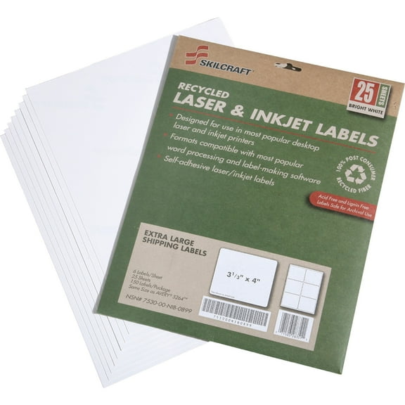 SKILCRAFT NSN5789295, Recycled Printable Shipping Labels, 150 Per Pack, White