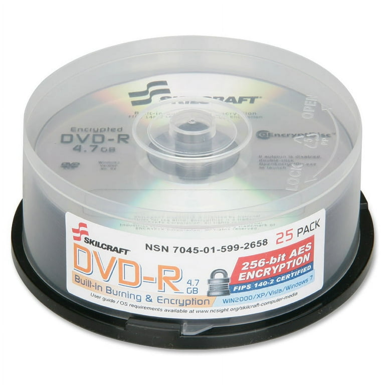 SKILCRAFT, NSN5992658, Encrypted DVD-R Spindle, 25, Silver