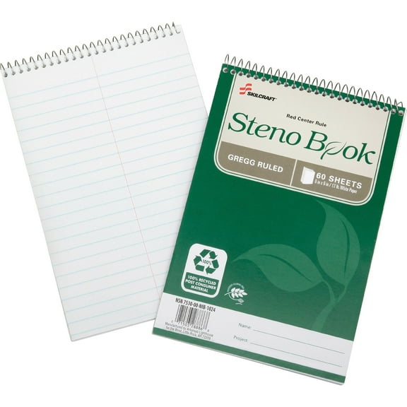 SKILCRAFT, NSN6002029, 17 lb. Recycled Paper Steno Book, 6 / Pack