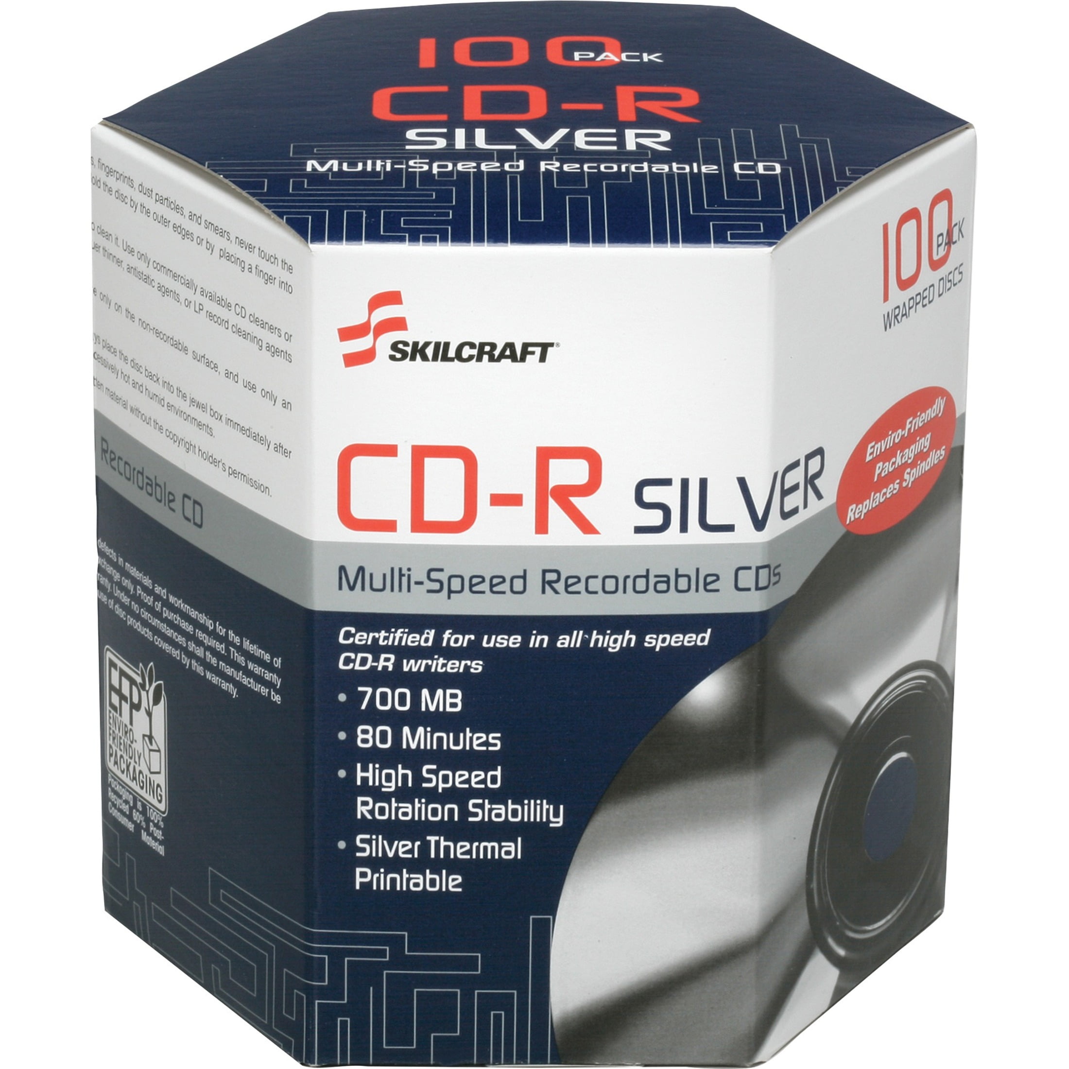 SKILCRAFT, NSN6582773, 700MB Thermal-printable 52X CD-R Discs, 100, Silver