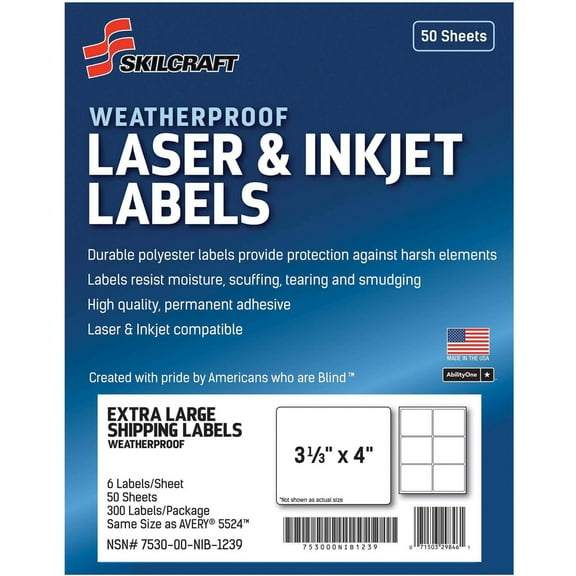 SKILCRAFT, NSN6736217, Laser/Inkjet Weatherproof Mailing Labels, 300 / Pack, White