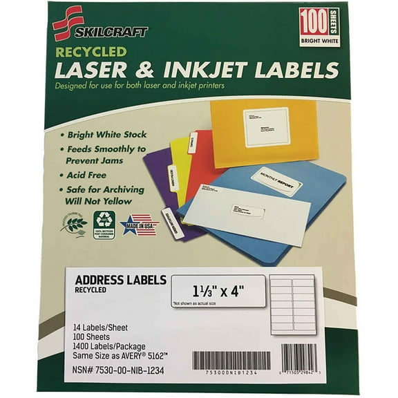 SKILCRAFT, NSN6736513, Recycled Laser/Inkjet Address Labels, 1400 / Pack, White