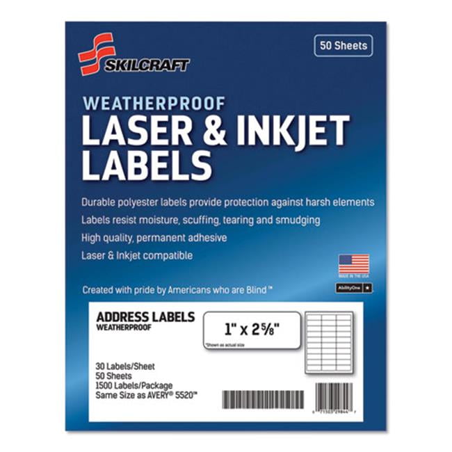 SKILCRAFT, NSN6736516, Laser/Inkjet Weatherproof Mailing Labels, 1500 Pack,  White