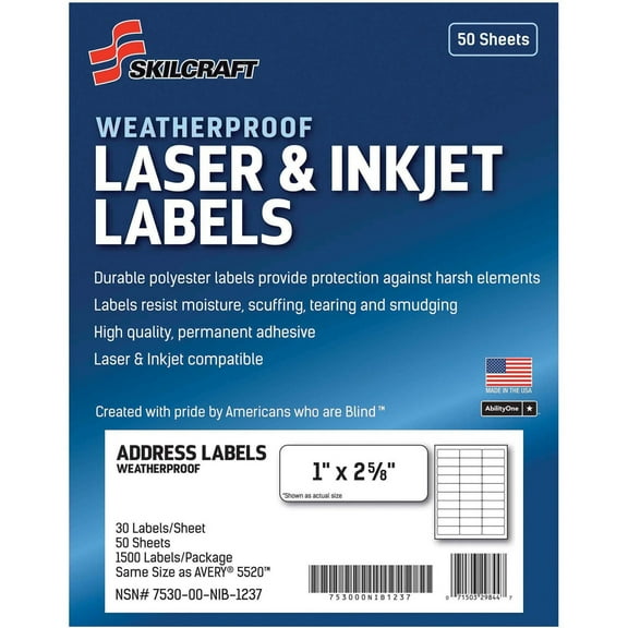 SKILCRAFT, NSN6736516, Laser/Inkjet Weatherproof Mailing Labels, 1500 / Pack, White
